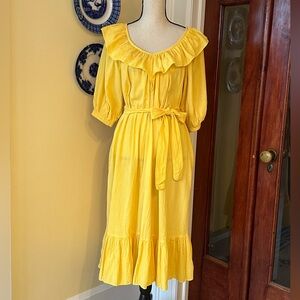 David Brown | 70s Cotton Yellow Ruffle Puff Sleeve Belted Midi Dress, XSP